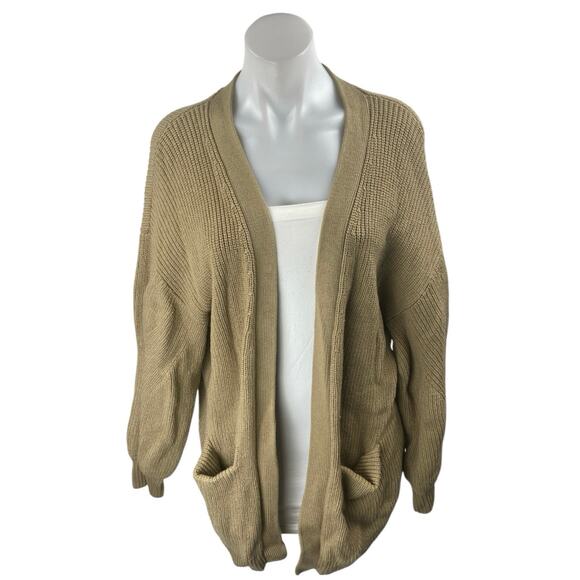 Aritzia Wilfred Free Tan Long Sleeve Pocket Knit Open Cardigan Sweater Top Sz L - Picture 1 of 3